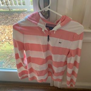 Fun and flirty pink and white zip up light weight jacket with hood.